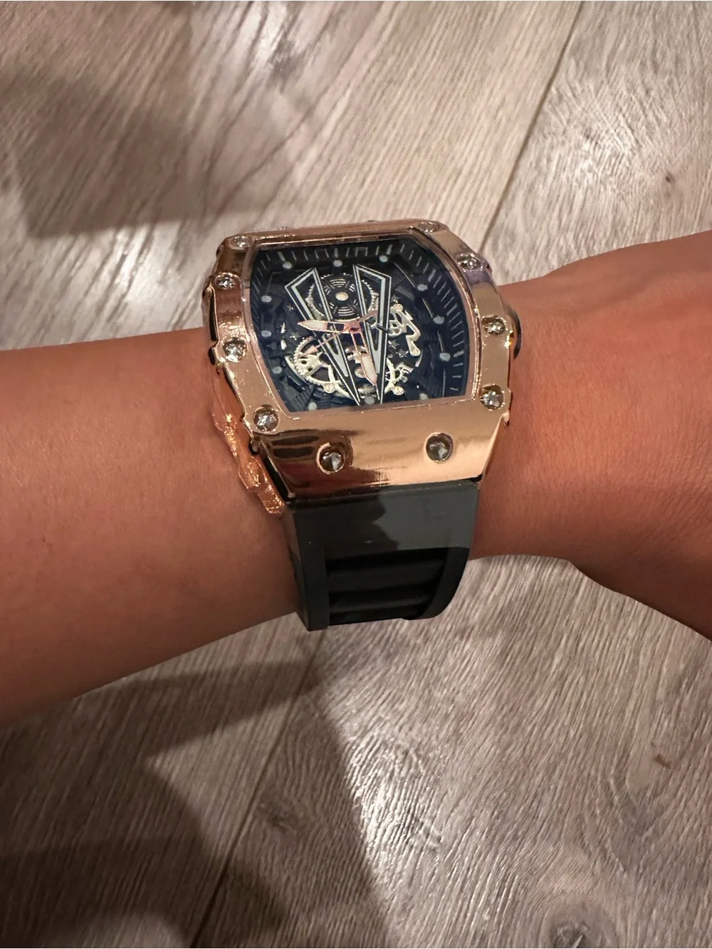 Gold-Tone Men's Skeleton Dial Watch with Black Strap